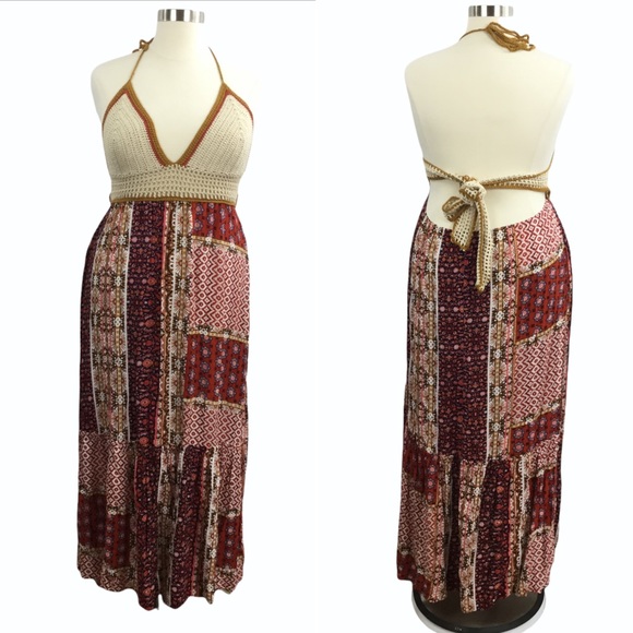 Boho Patchwork Crochet Halter Top Tie Maxi Dress - Picture 3 of 11